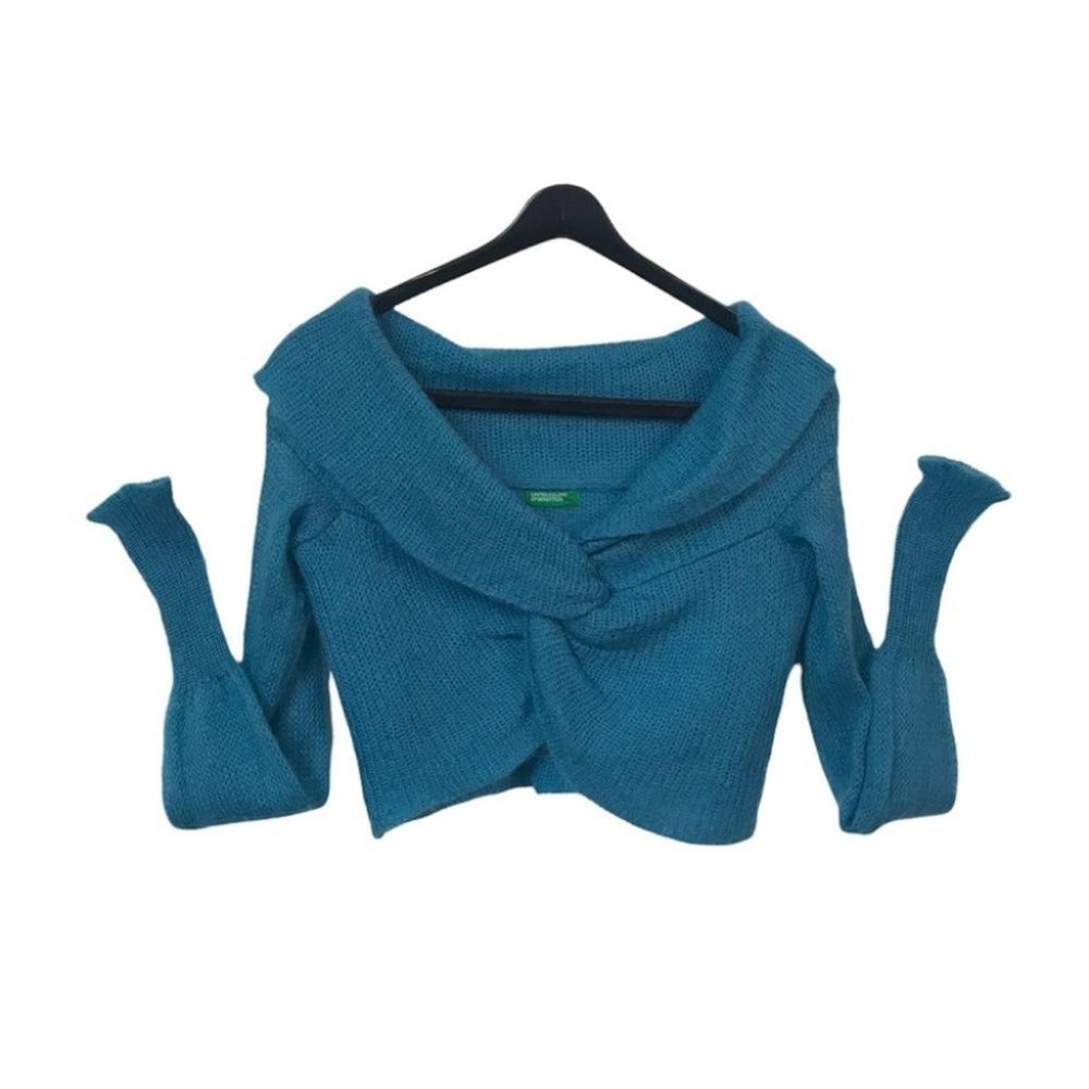 United Colors Of Benetton Blue Mohair Blend Open Knit  Twist Front Crop Sweater
